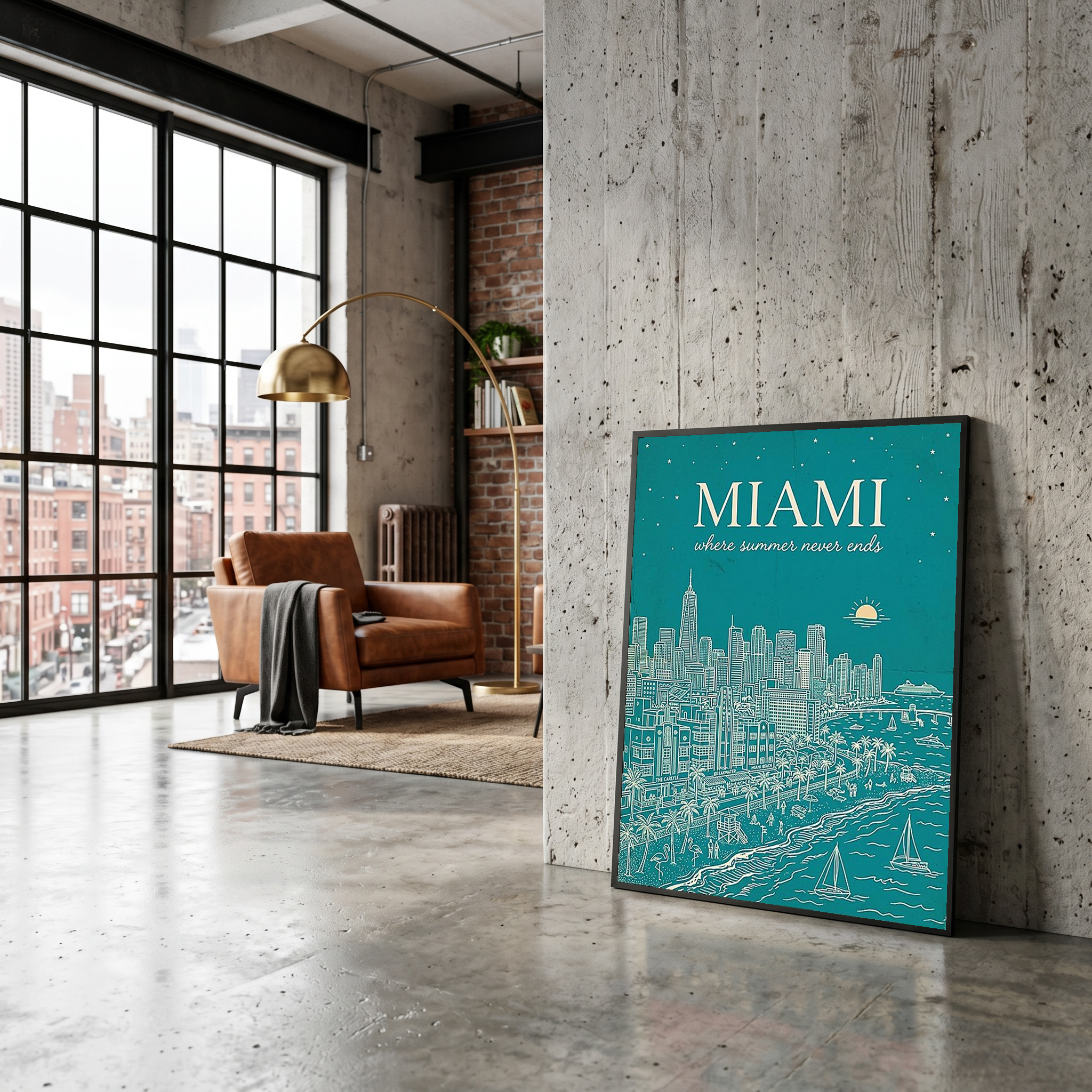 Miami Line Art Print — Teal South Beach Skyline Art Deco Wall Art