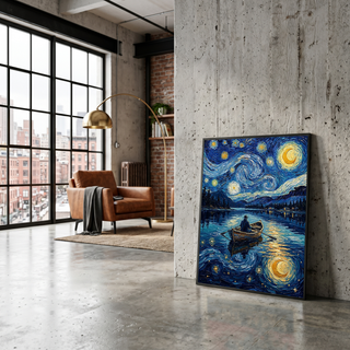 Moonlit Lake Rowboat Print — Van Gogh-Style Night Fishing Cabin Wall Art