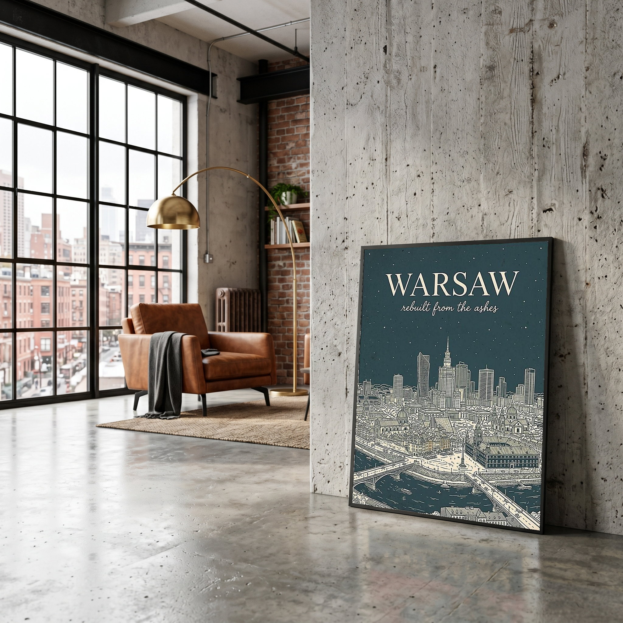 Warsaw Line Art Print — Slate Old Town Palace of Culture Skyline Wall Art