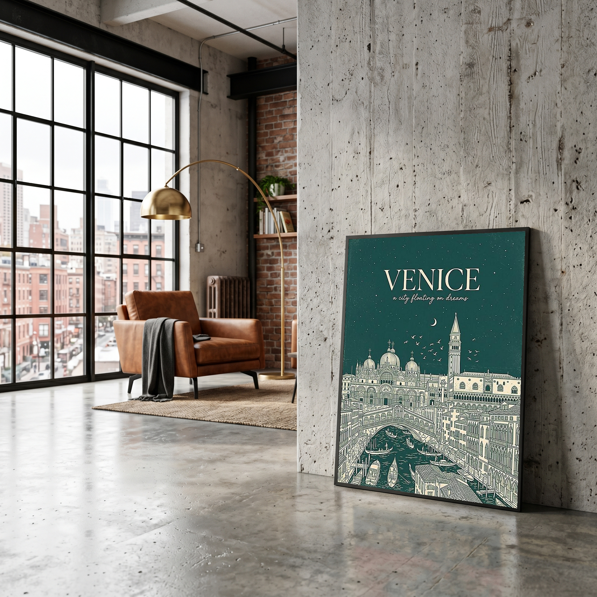 Venice Line Art Print — Forest Green St. Mark's Basilica Rialto Bridge Wall Art