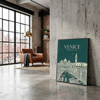 Venice Line Art Print — Forest Green St. Mark's Basilica Rialto Bridge Wall Art