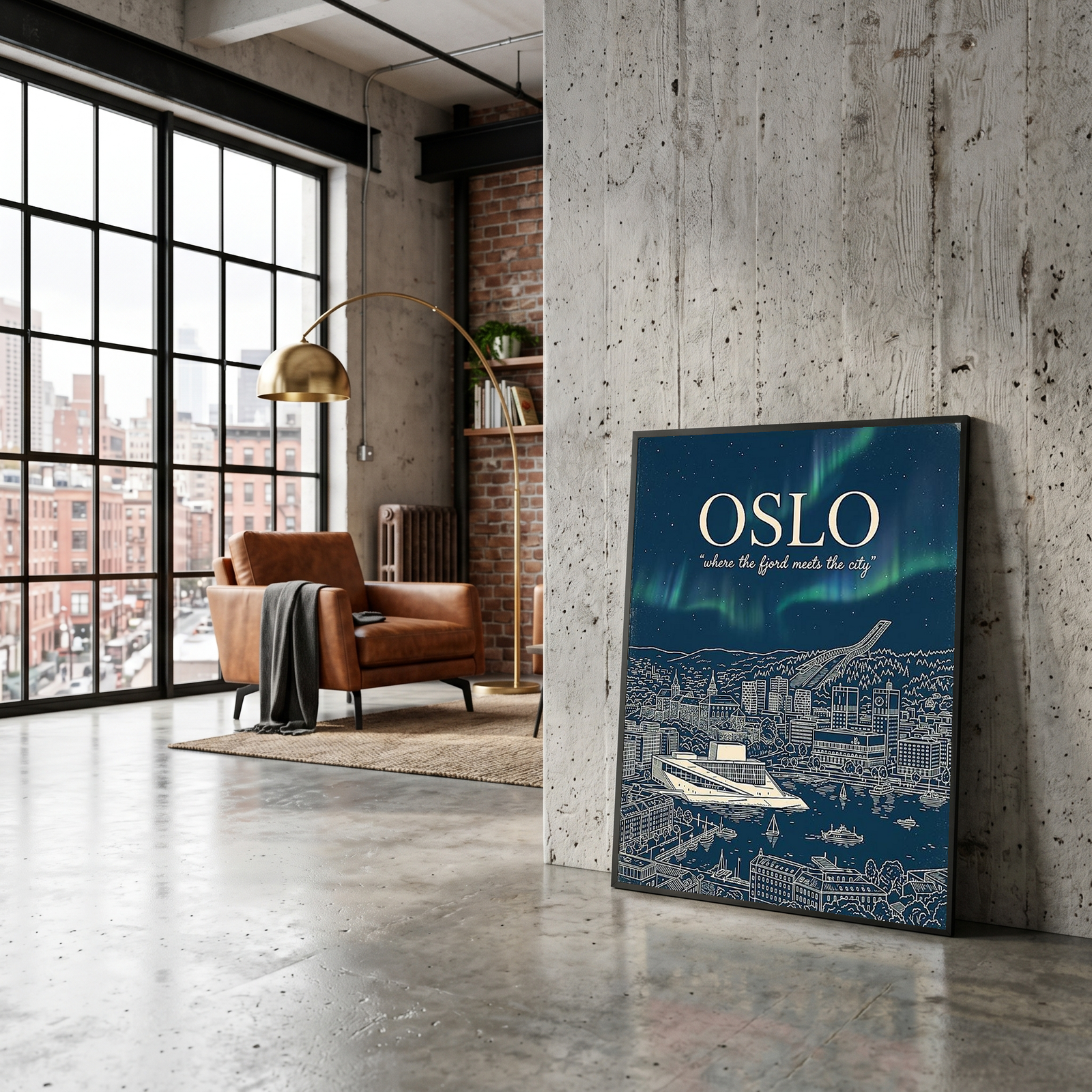 Oslo Line Art Print — Navy Opera House Fjord Aurora Borealis Skyline Wall Art
