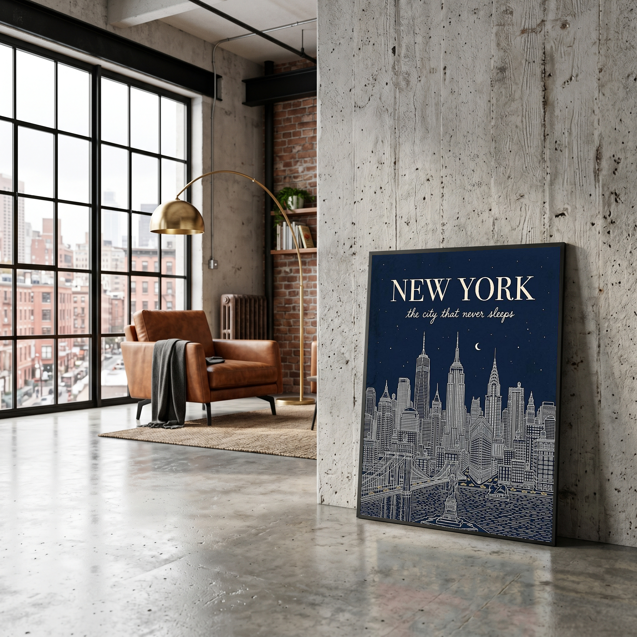 New York Line Art Print — Navy Manhattan Skyline Empire State Brooklyn Bridge Wall Art