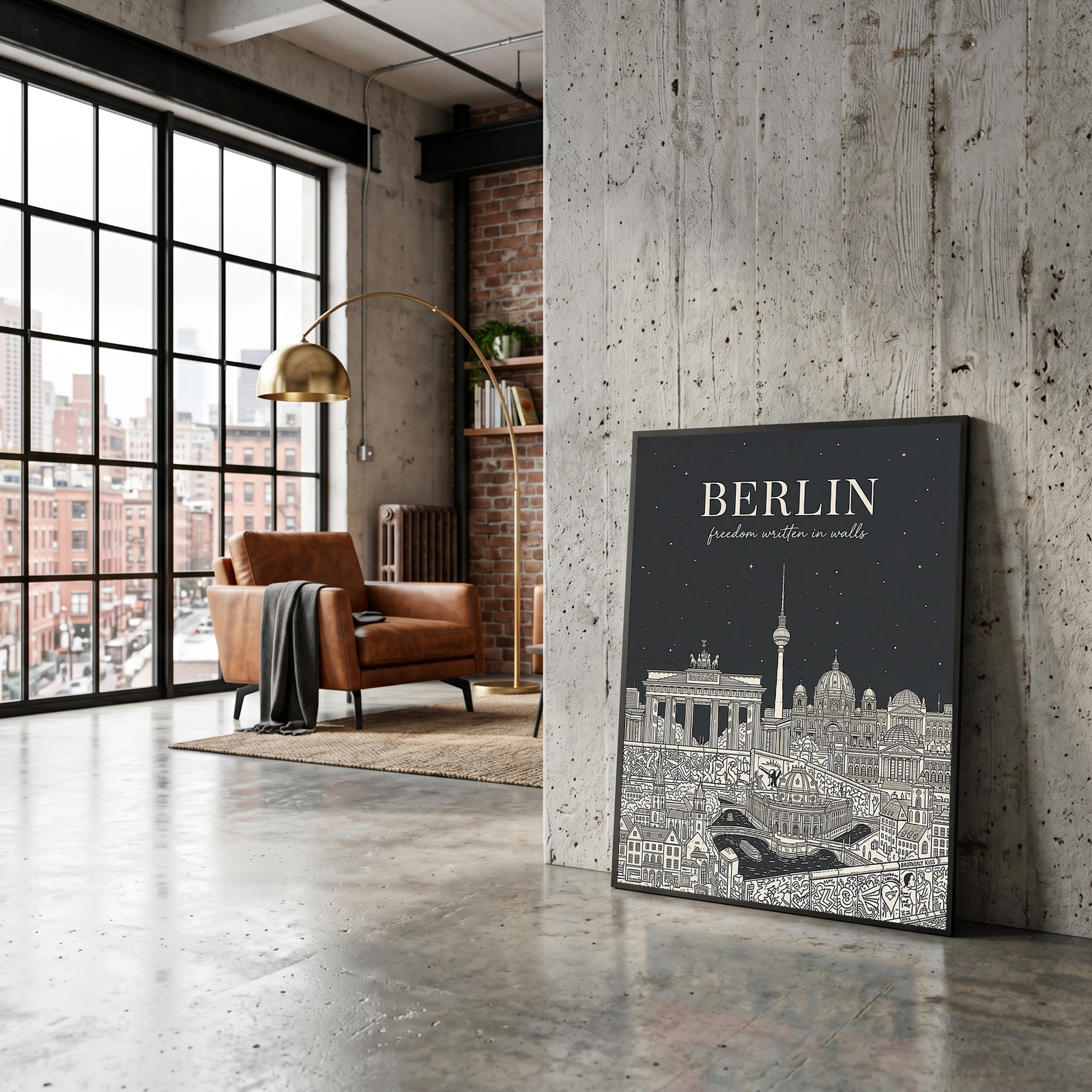 Berlin Line Art Print — Charcoal Brandenburg Gate TV Tower Skyline Wall Art