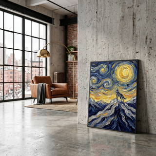 Lone Wolf Howling Mountain Peak Print — Van Gogh Starry Night Wall Art