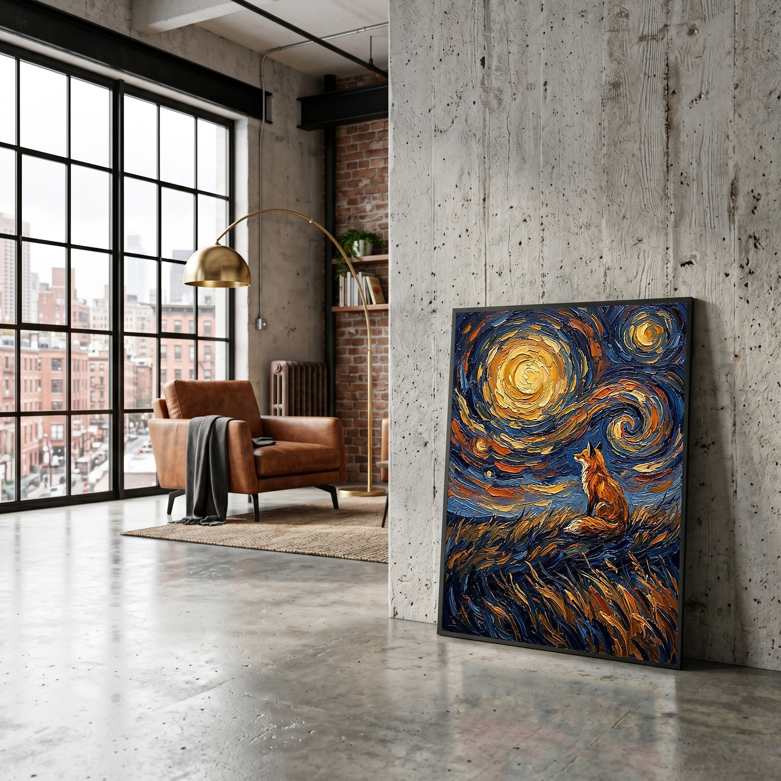 Lone Fox Starry Night Print — Van Gogh-Style Wildlife Hillside Wall Art