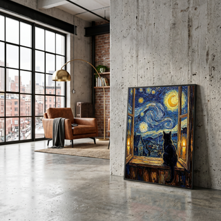 Black Cat Window Print — Van Gogh Starry Night Cozy Cottage Wall Art