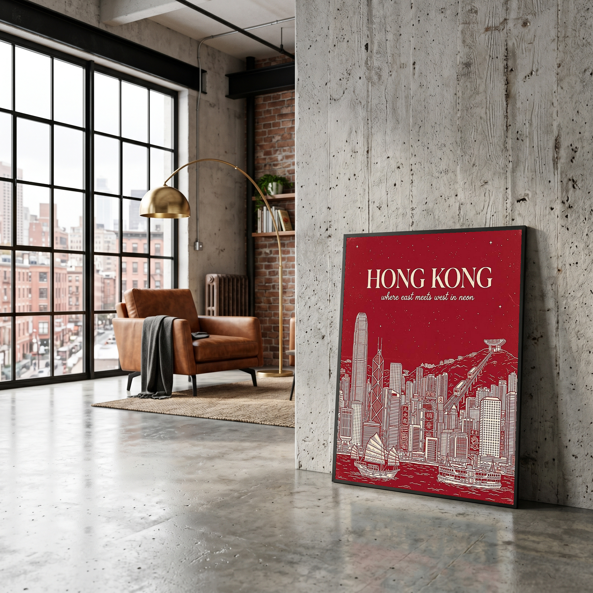 Hong Kong Line Art Print — Crimson Victoria Harbour Skyline Junk Boat Wall Art