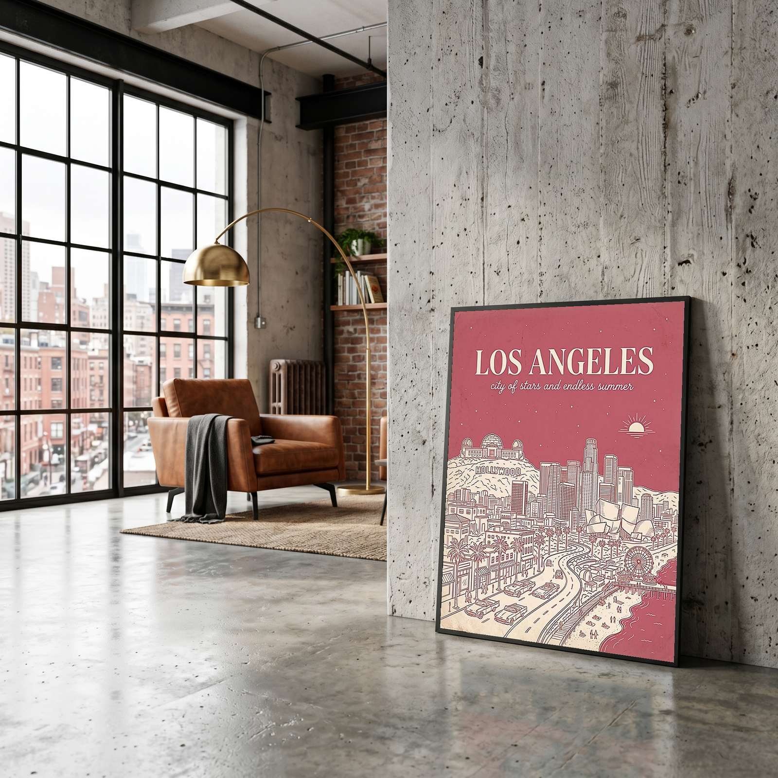 Los Angeles Line Art Print — Pink Hollywood Sign Downtown Skyline Wall Art