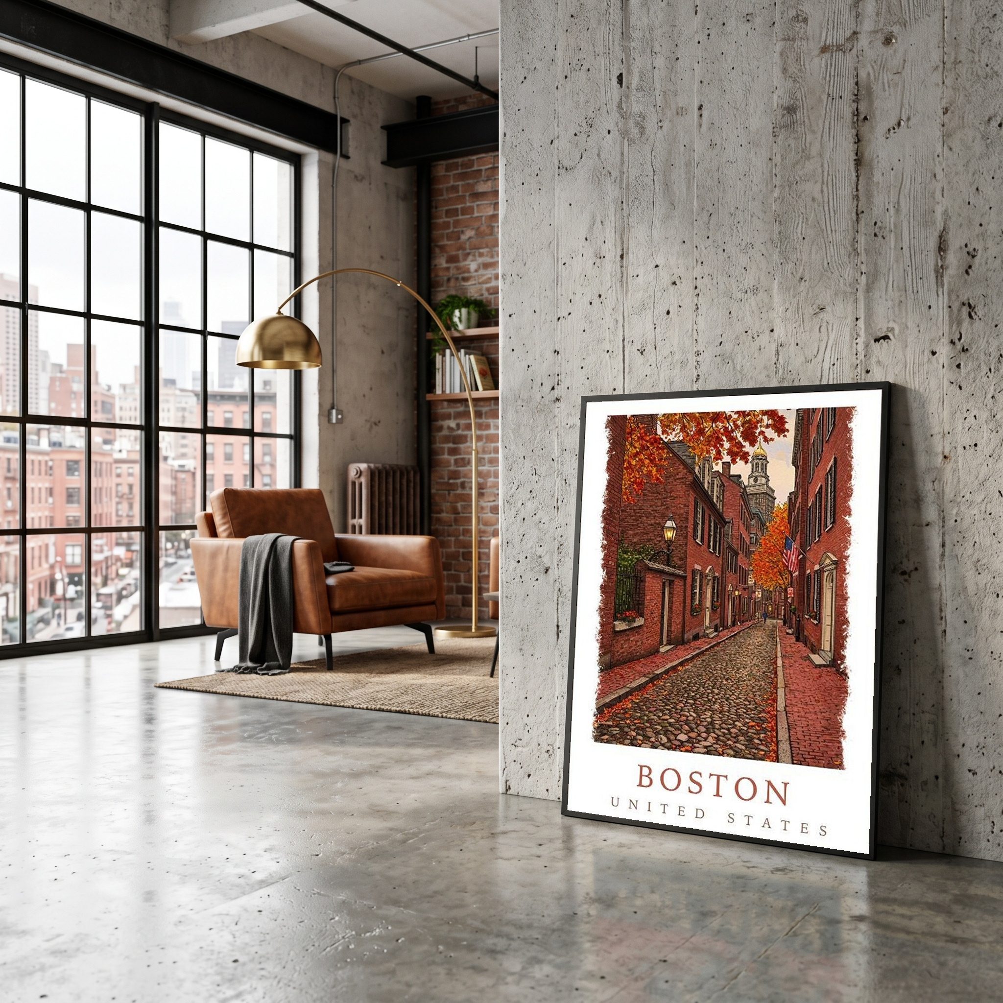 Boston USA Travel Poster — Acorn Street Beacon Hill Fall Foliage Print