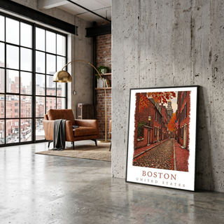 Boston USA Travel Poster — Acorn Street Beacon Hill Fall Foliage Print