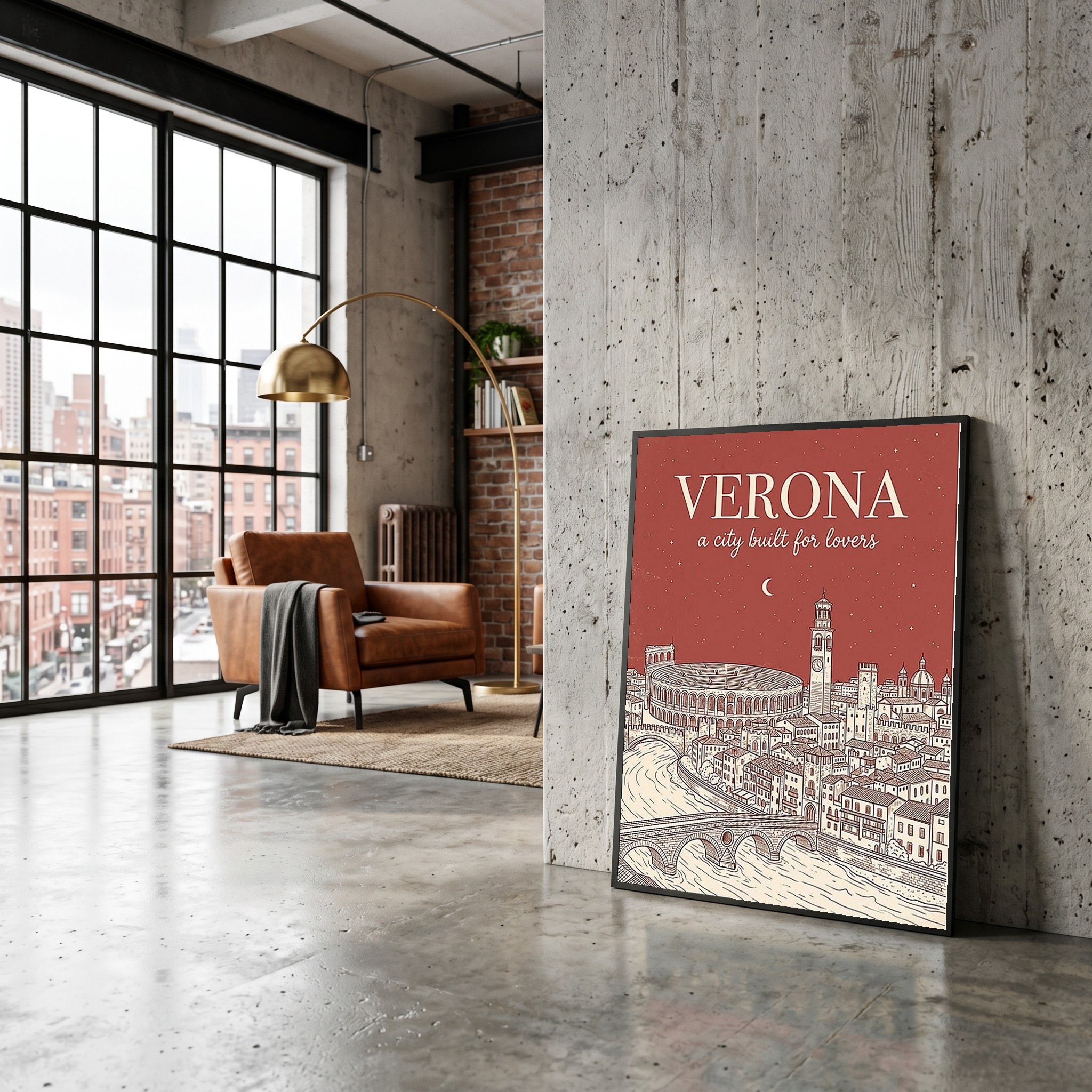 Verona Line Art Print — Rust Arena Ponte Pietra Skyline Wall Art