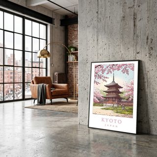 Kyoto Japan Travel Poster — Cherry Blossom Pagoda Temple Print
