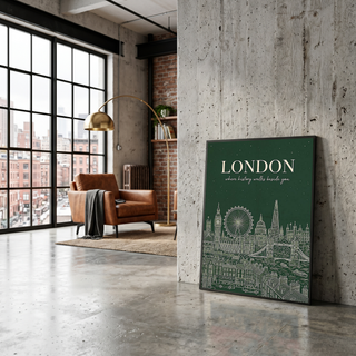 London Line Art Print — Forest Green Big Ben London Eye Skyline Wall Art