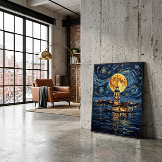 Maiden Tower Istanbul Full Moon Print — Van Gogh-Style Skyline Wall Art