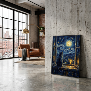 Cat at Candlelit Window Print — Van Gogh Starry Night Village Wall Art