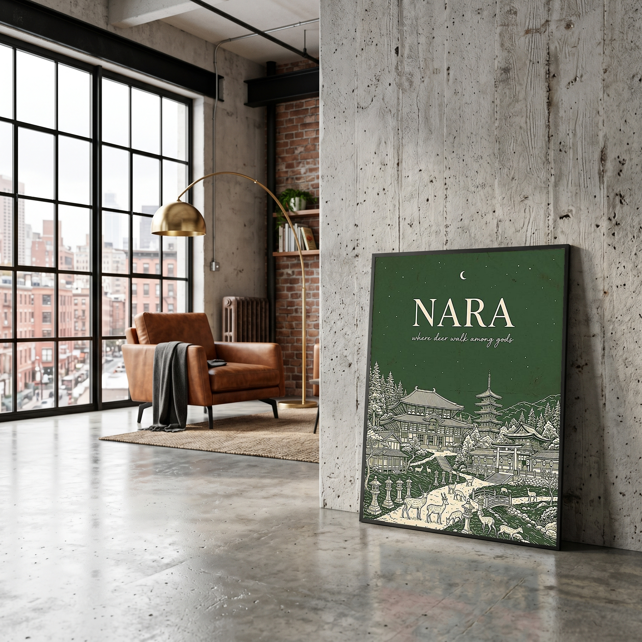 Nara Line Art Print — Forest Green Tōdai-ji Temple Pagoda Deer Wall Art