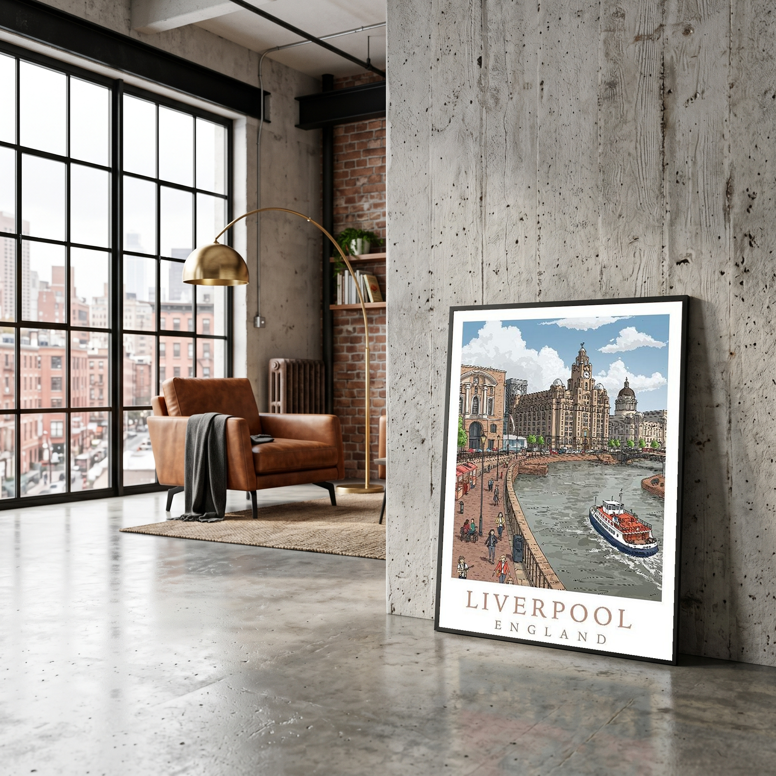 Liverpool England Travel Poster — Pier Head Liver Building Waterfront Print