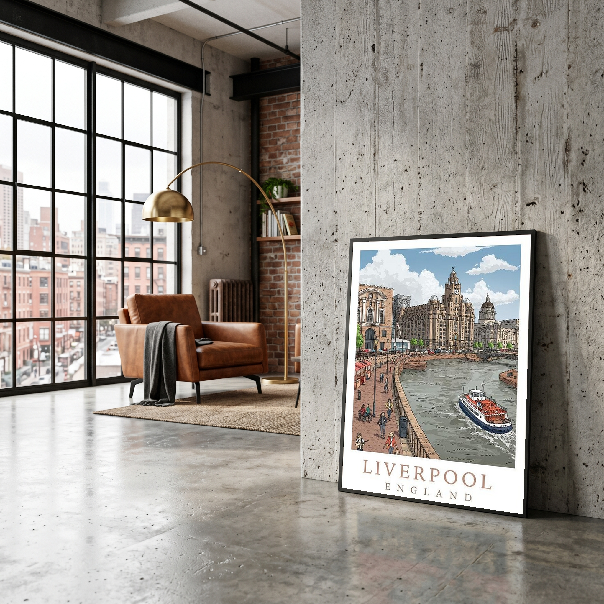 Liverpool England Travel Poster — Pier Head Liver Building Waterfront Print