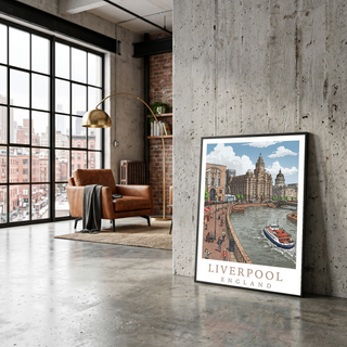 Liverpool England Travel Poster — Pier Head Liver Building Waterfront Print