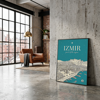 İzmir Line Art Print — Teal Clock Tower Kadifekale Aegean Coast Wall Art