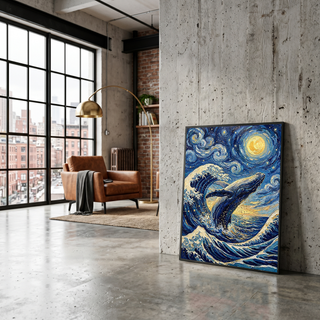 Breaching Whale Starry Night Print — Van Gogh-Style Ocean Humpback Wall Art
