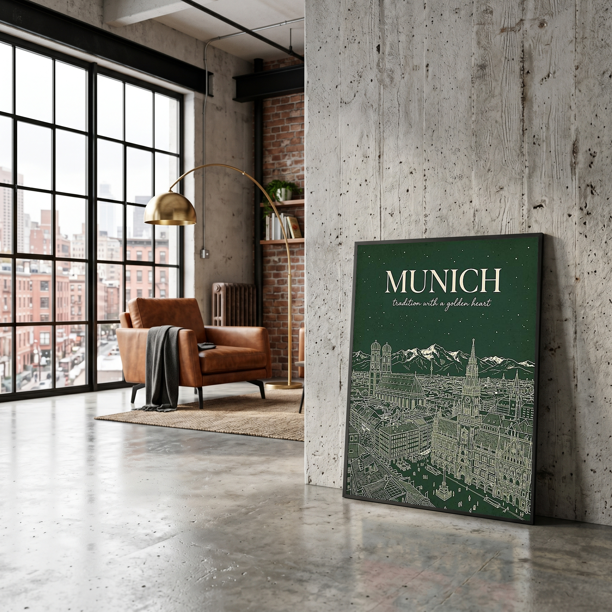 Munich Line Art Print — Forest Green Frauenkirche Marienplatz Skyline Wall Art