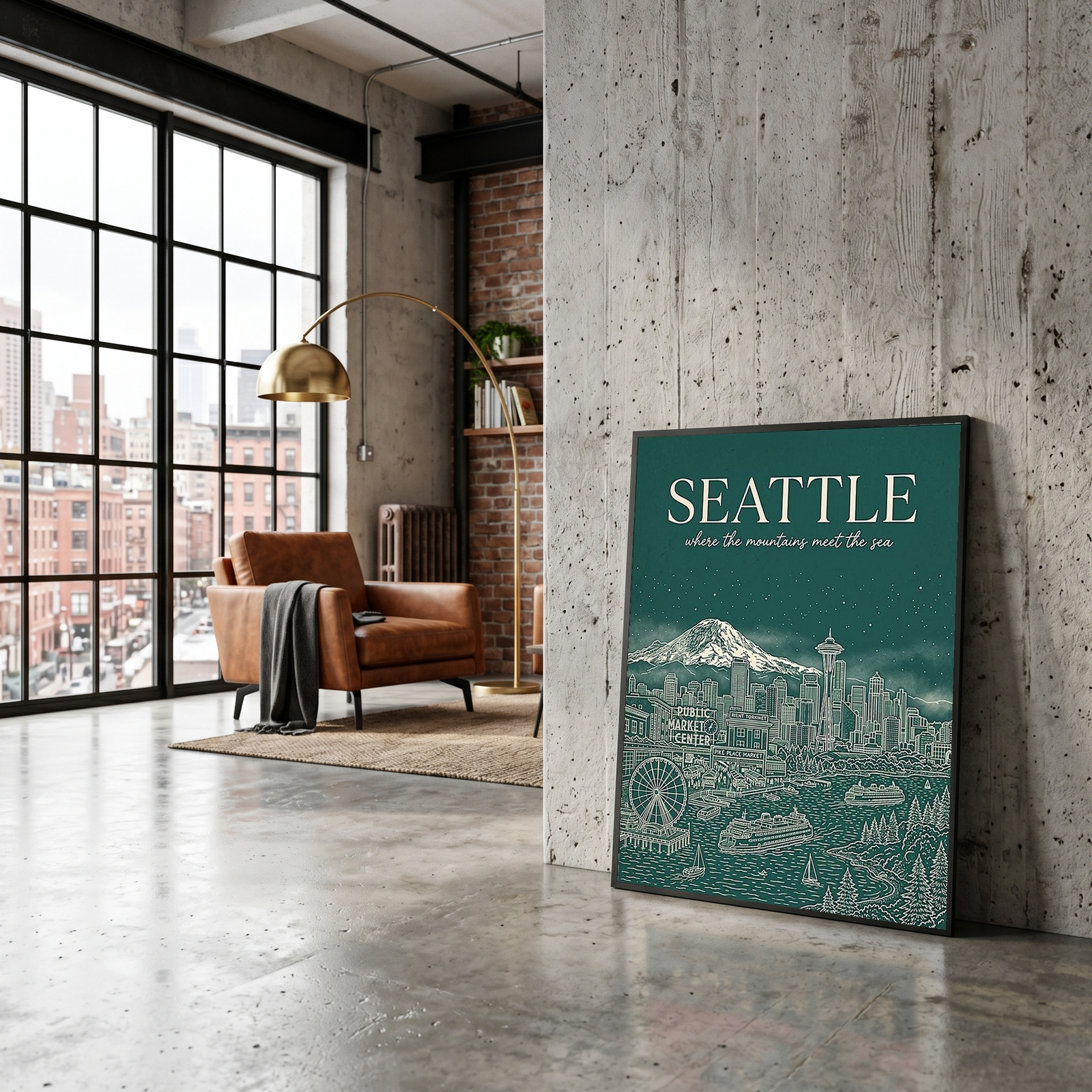 Seattle Line Art Travel Poster — Mount Rainier Cityscape Pacific Northwest Print