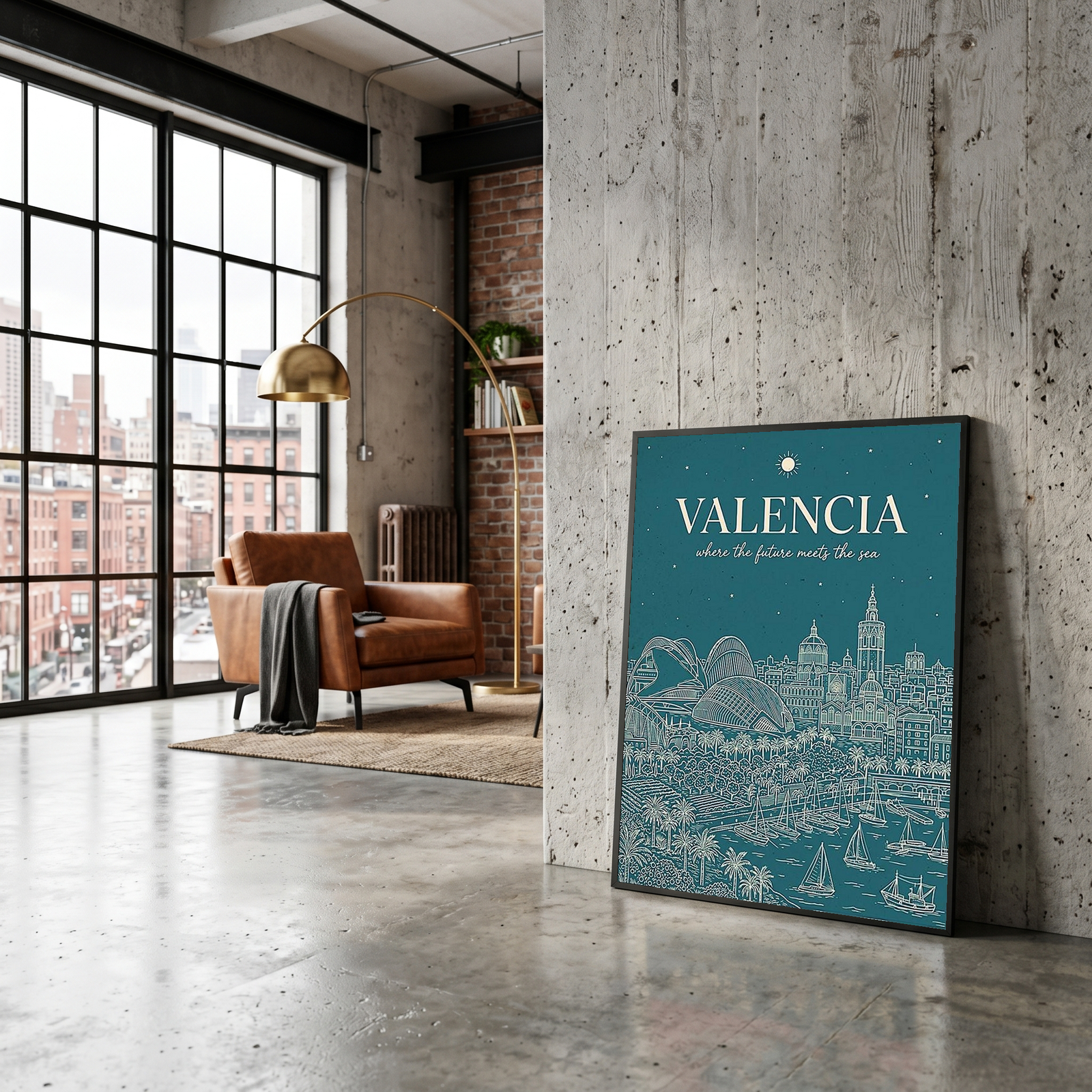 Valencia Line Art Print — Teal City of Arts Sciences Mediterranean Skyline Wall Art