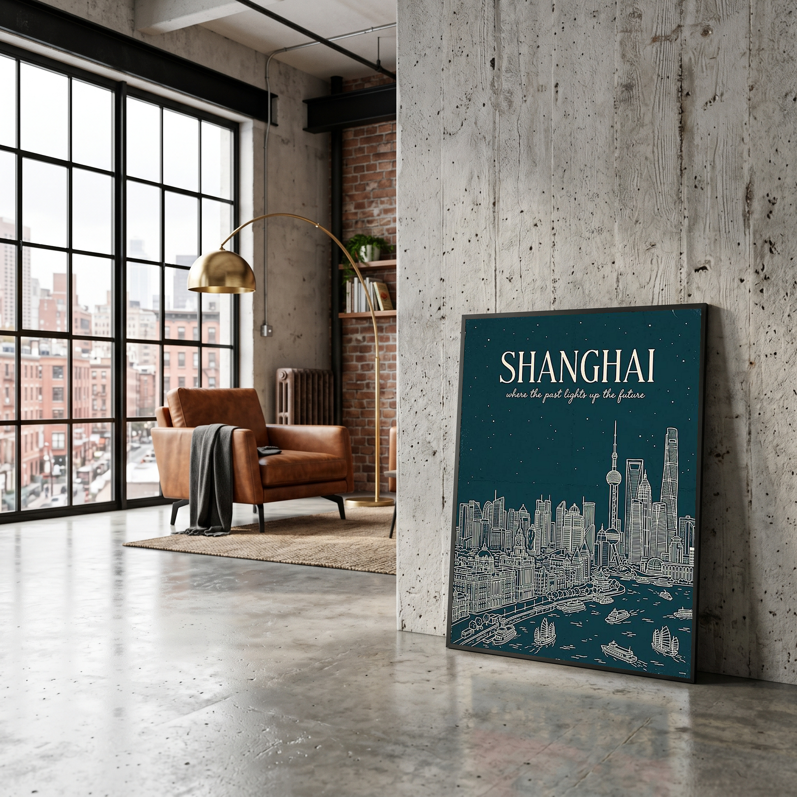 Shanghai Line Art Print — Teal Oriental Pearl Tower The Bund Skyline Wall Art