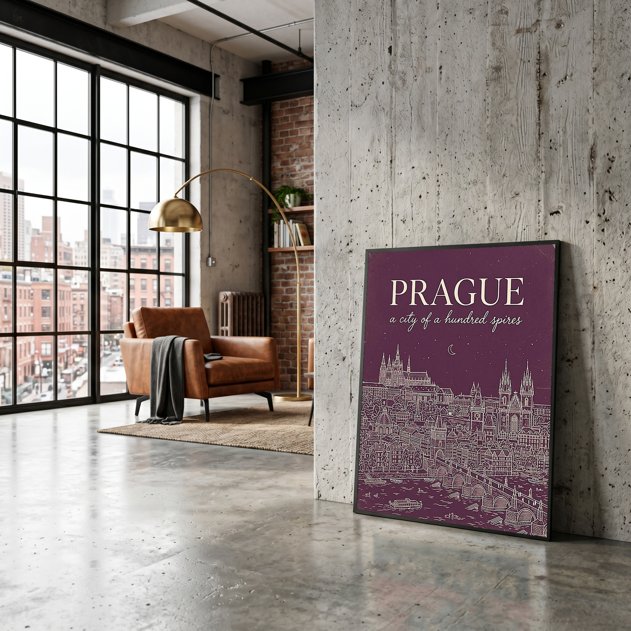 Prague Line Art Print — Plum Castle Charles Bridge Skyline Wall Art