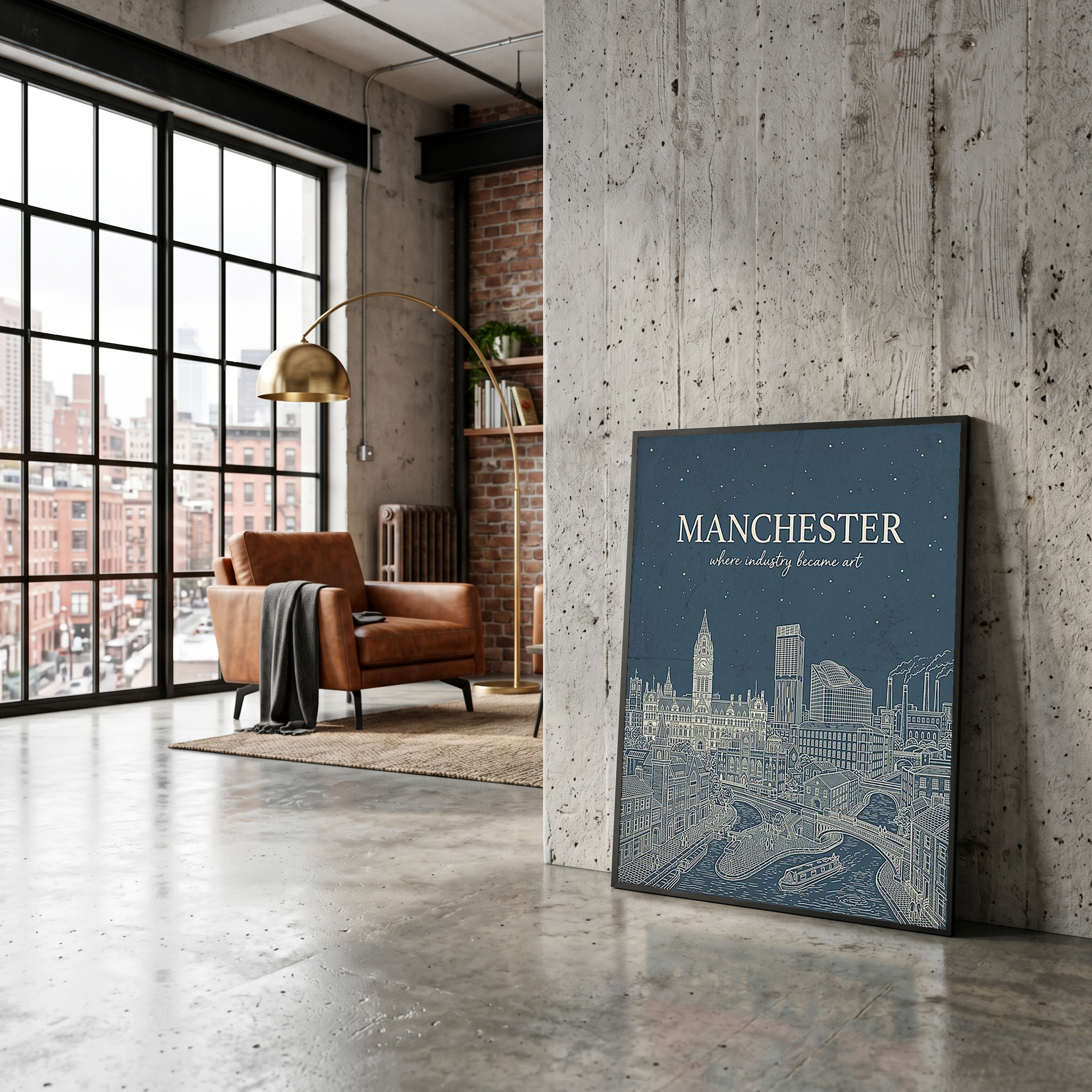 Manchester Line Art Print — Slate Blue Town Hall Industrial Skyline Wall Art