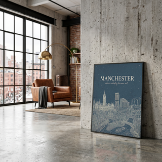 Manchester Line Art Print — Slate Blue Town Hall Industrial Skyline Wall Art