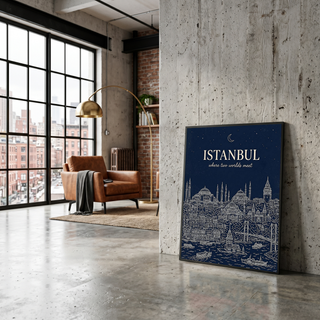 Istanbul Line Art Print — Navy Bosphorus Skyline Hagia Sophia Wall Art