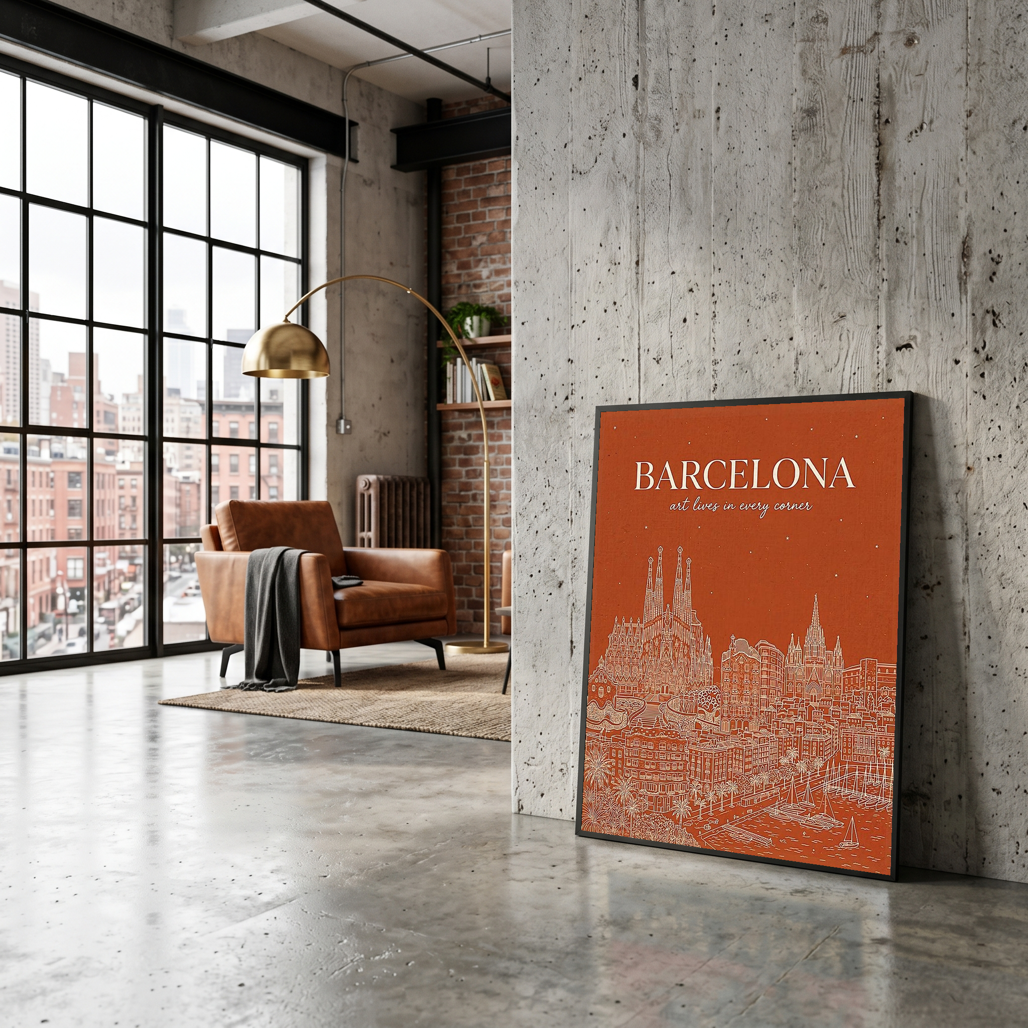 Barcelona Line Art Print — Burnt Orange Sagrada Familia Skyline Wall Art
