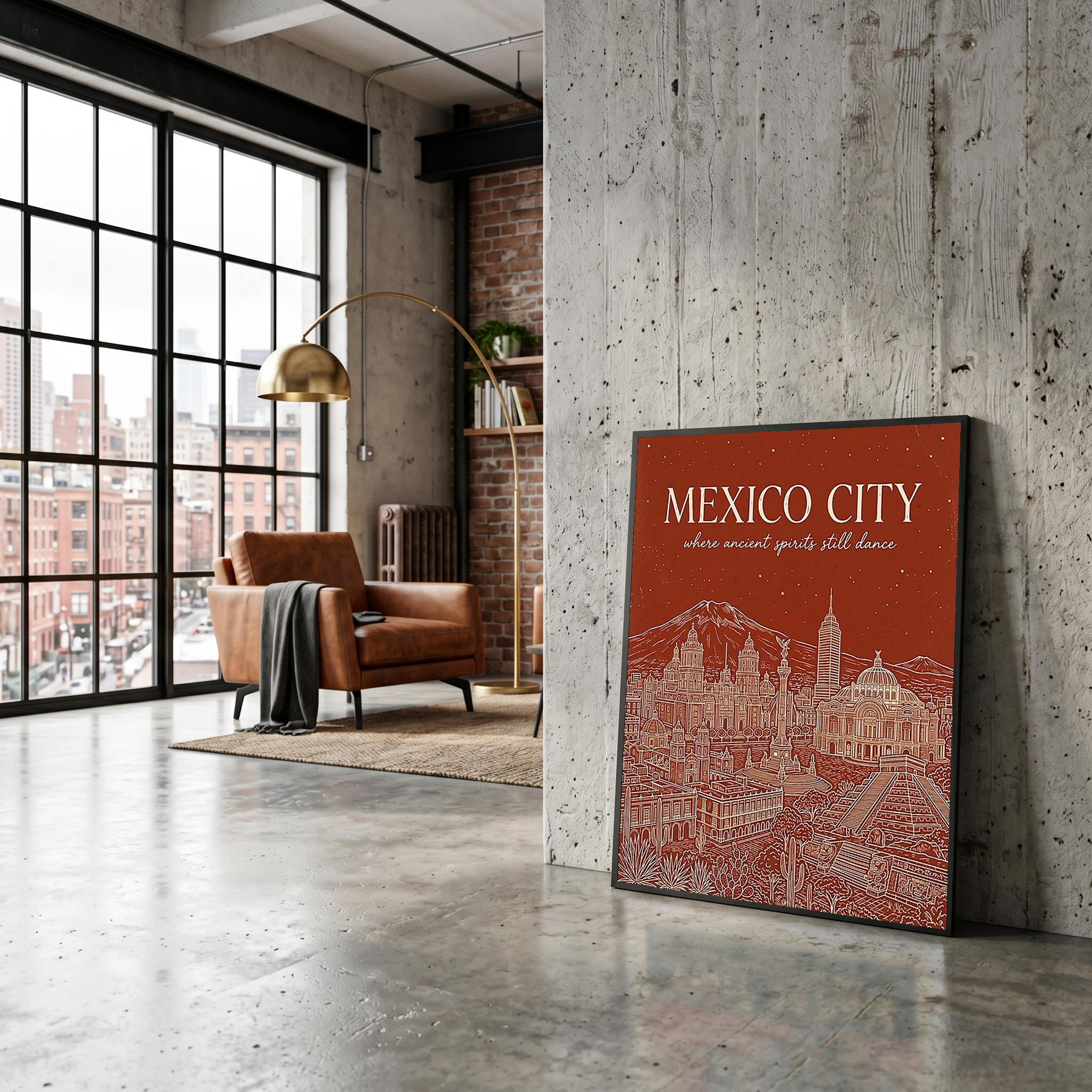 Mexico City Line Art Print — Rust Bellas Artes Templo Mayor Skyline Wall Art