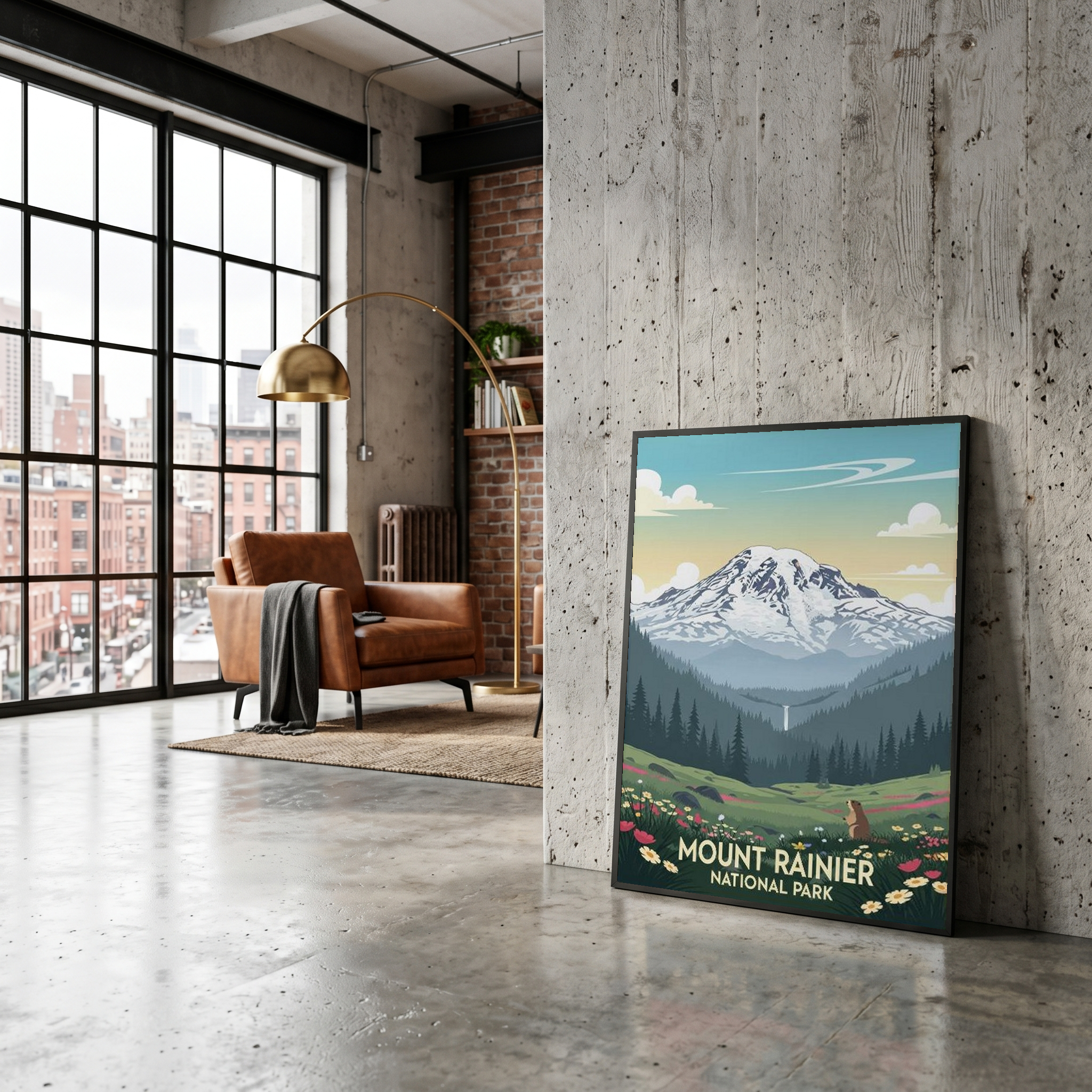 Mount Rainier National Park Poster — Vintage Washington Wildflower Marmot Print