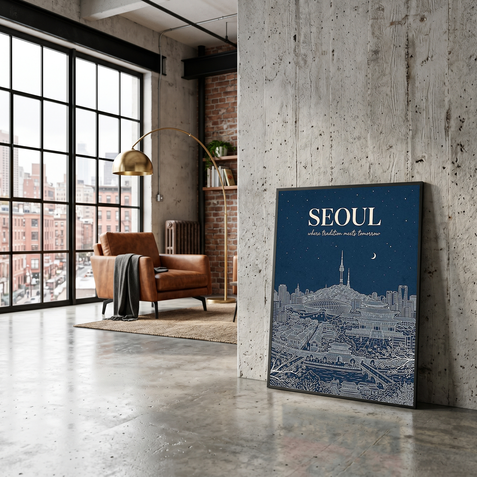 Seoul Line Art Print — Navy N Seoul Tower Gyeongbokgung Palace Skyline Wall Art