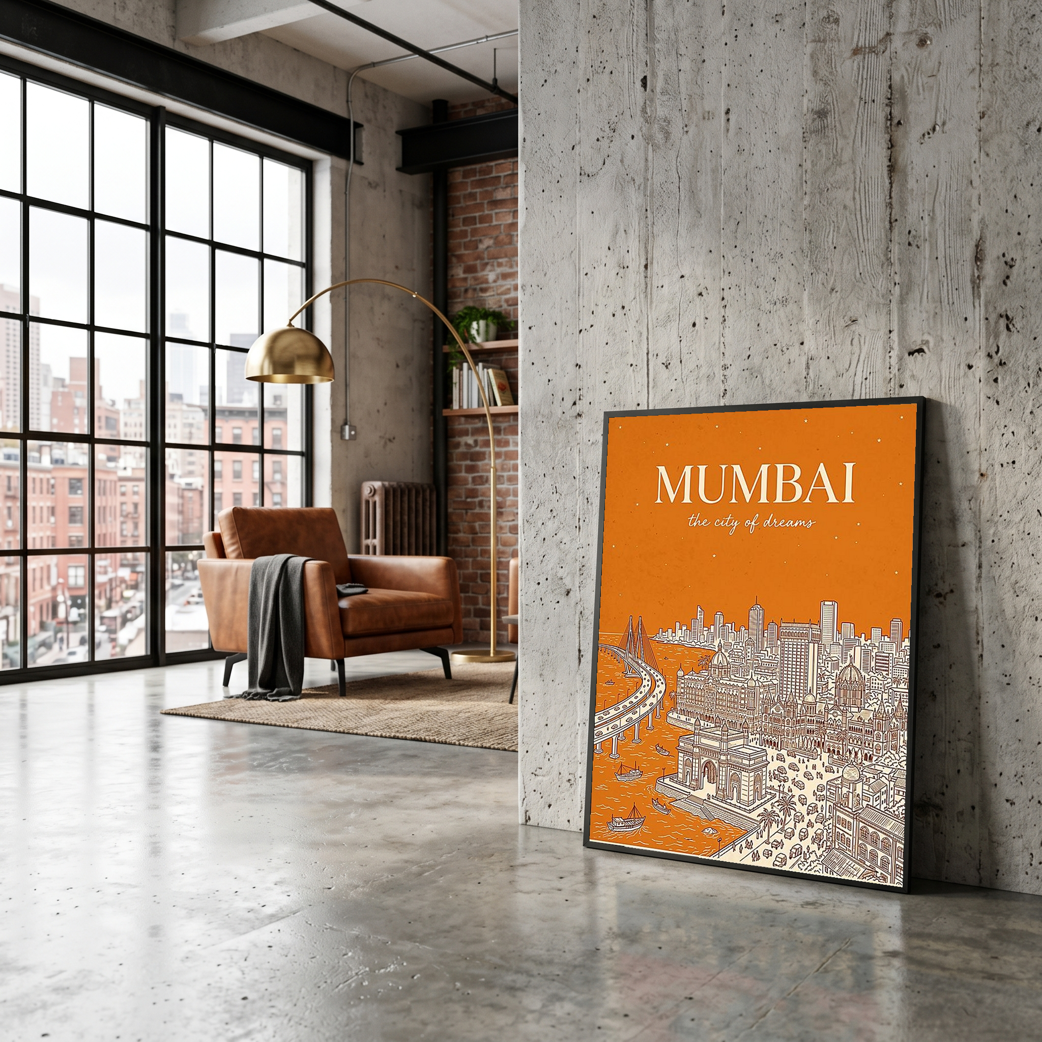 Mumbai Line Art Print — Saffron Gateway of India Marine Drive Skyline Wall Art
