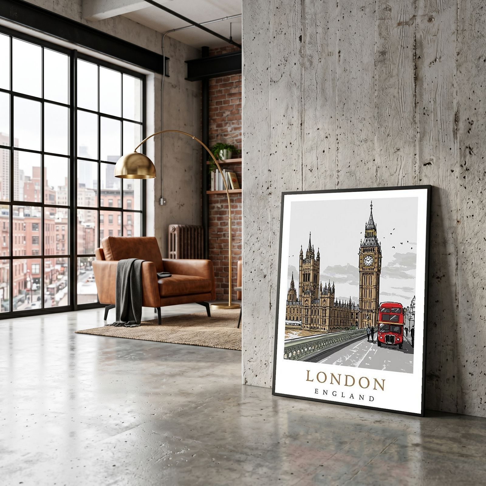 London Travel Poster — Big Ben Houses of Parliament Red Bus Print