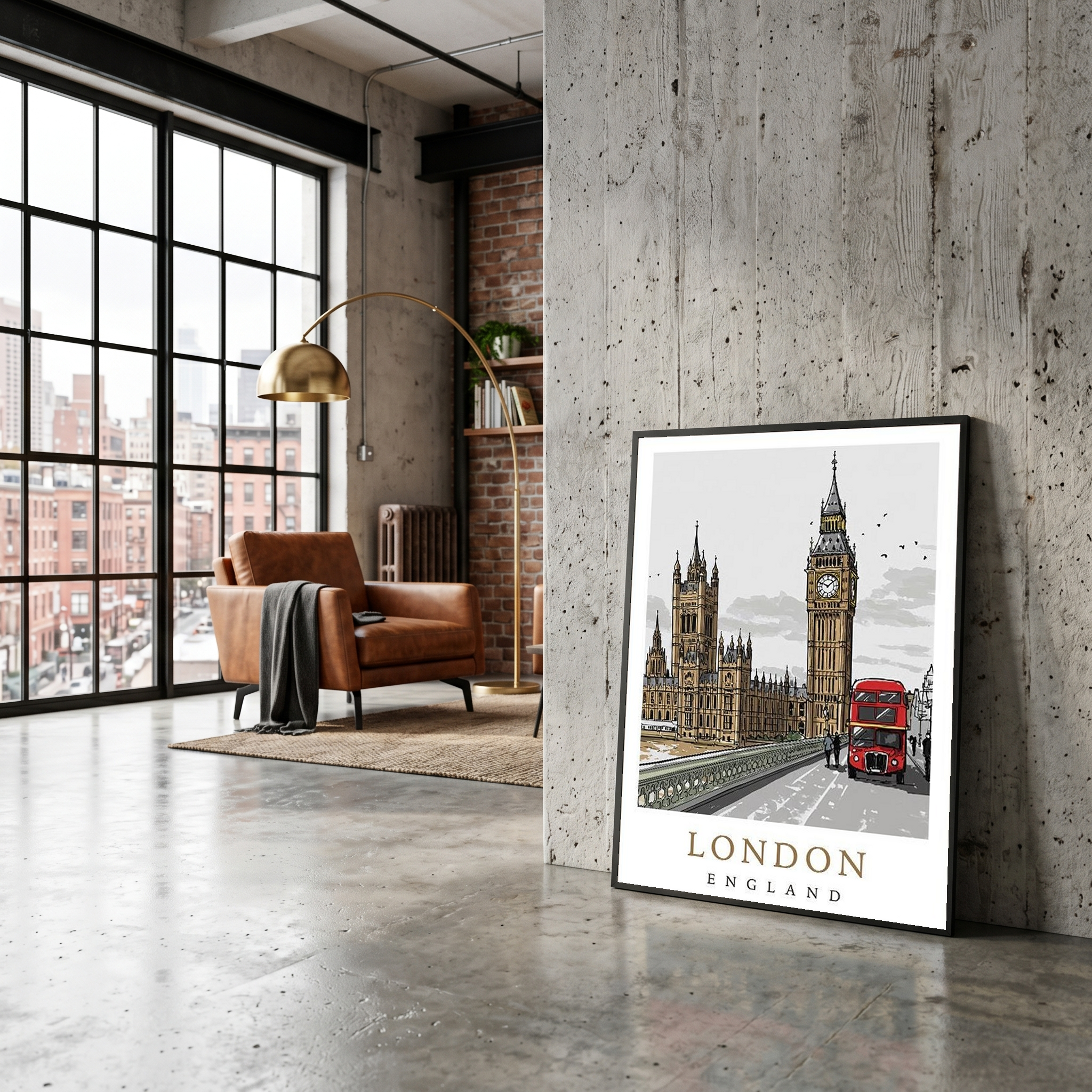 London Travel Poster — Big Ben Houses of Parliament Red Bus Print