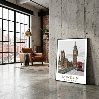London Travel Poster — Big Ben Houses of Parliament Red Bus Print