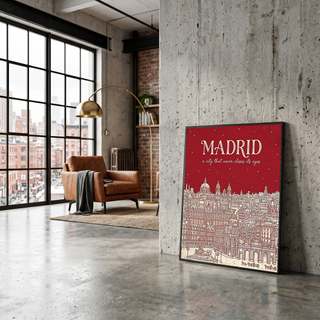 Madrid Line Art Print — Cherry Red Royal Palace Plaza Mayor Skyline Wall Art