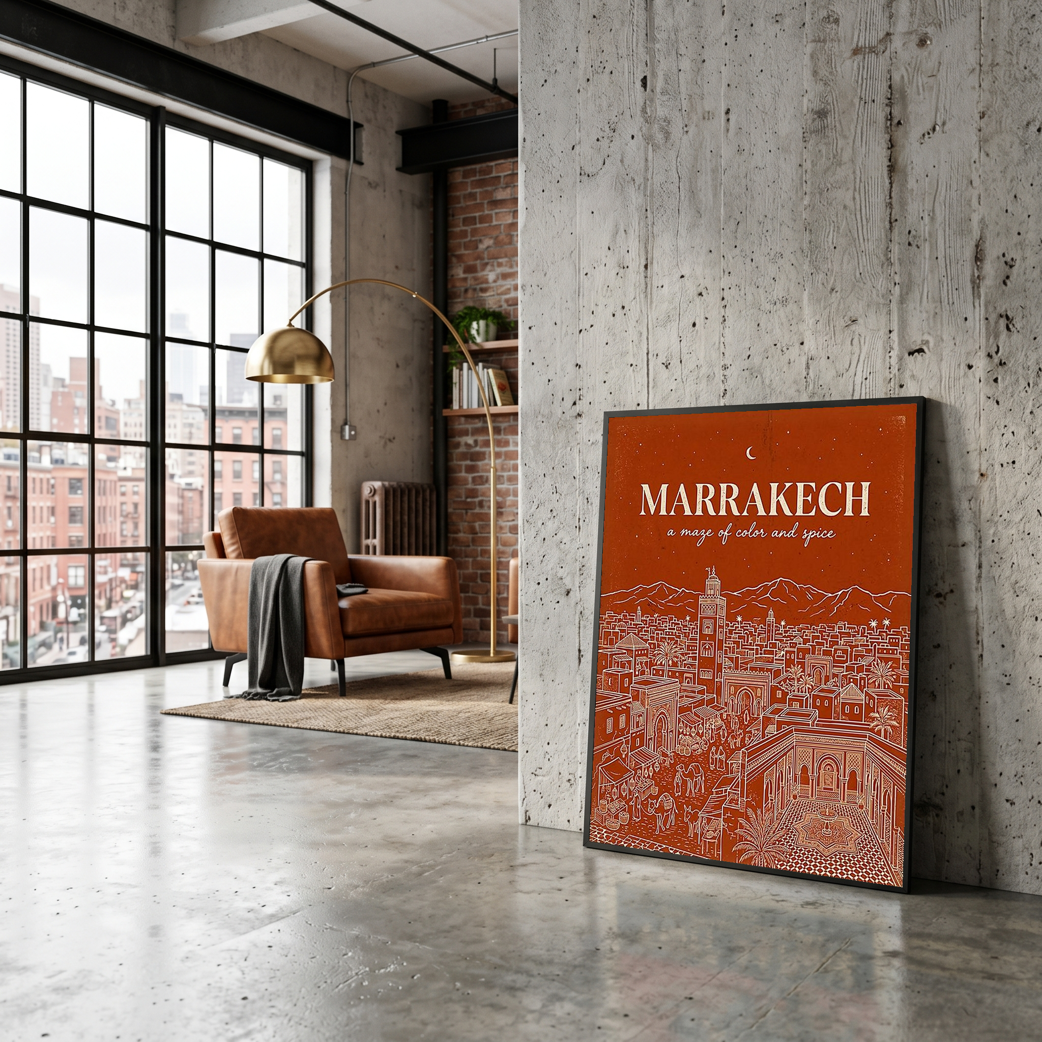 Marrakech Line Art Print — Terracotta Koutoubia Medina Skyline Wall Art