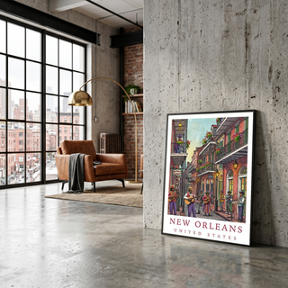 New Orleans Travel Poster — French Quarter Jazz Buskers Street Print