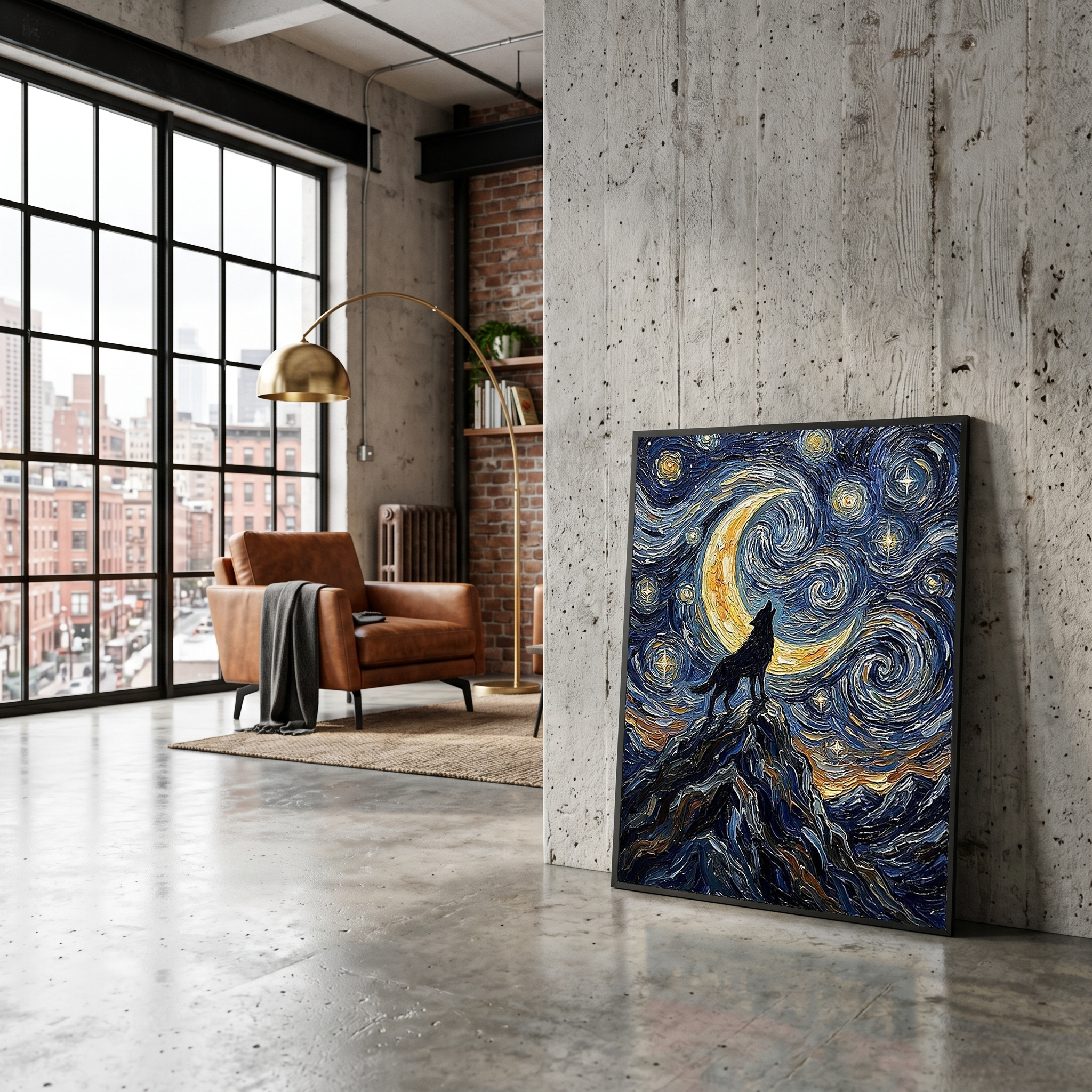 Black Wolf Howling Crescent Moon Print — Van Gogh-Style Mountain Wall Art
