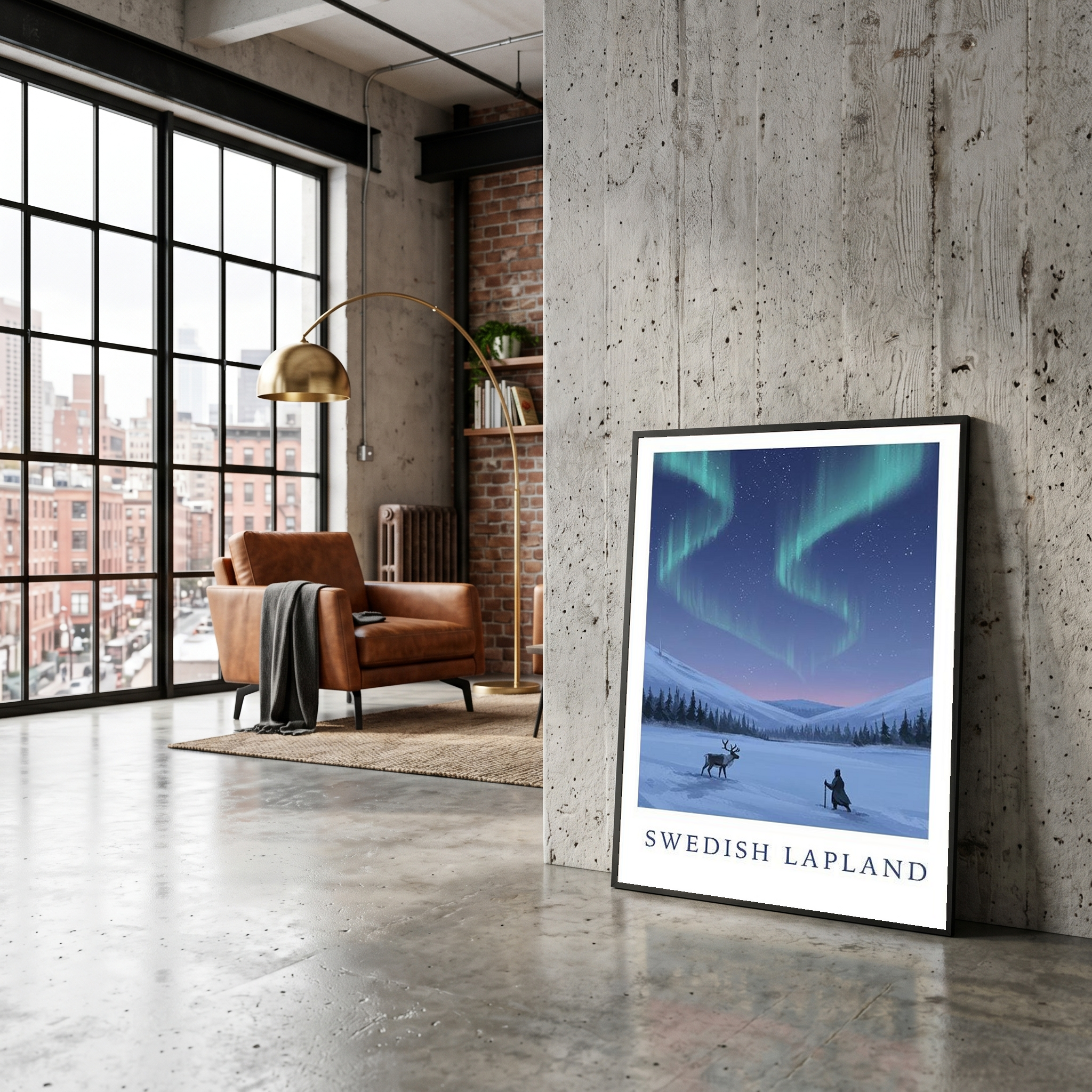Swedish Lapland Travel Poster — Northern Lights Reindeer Sami Print