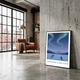 Swedish Lapland Travel Poster — Northern Lights Reindeer Sami Print
