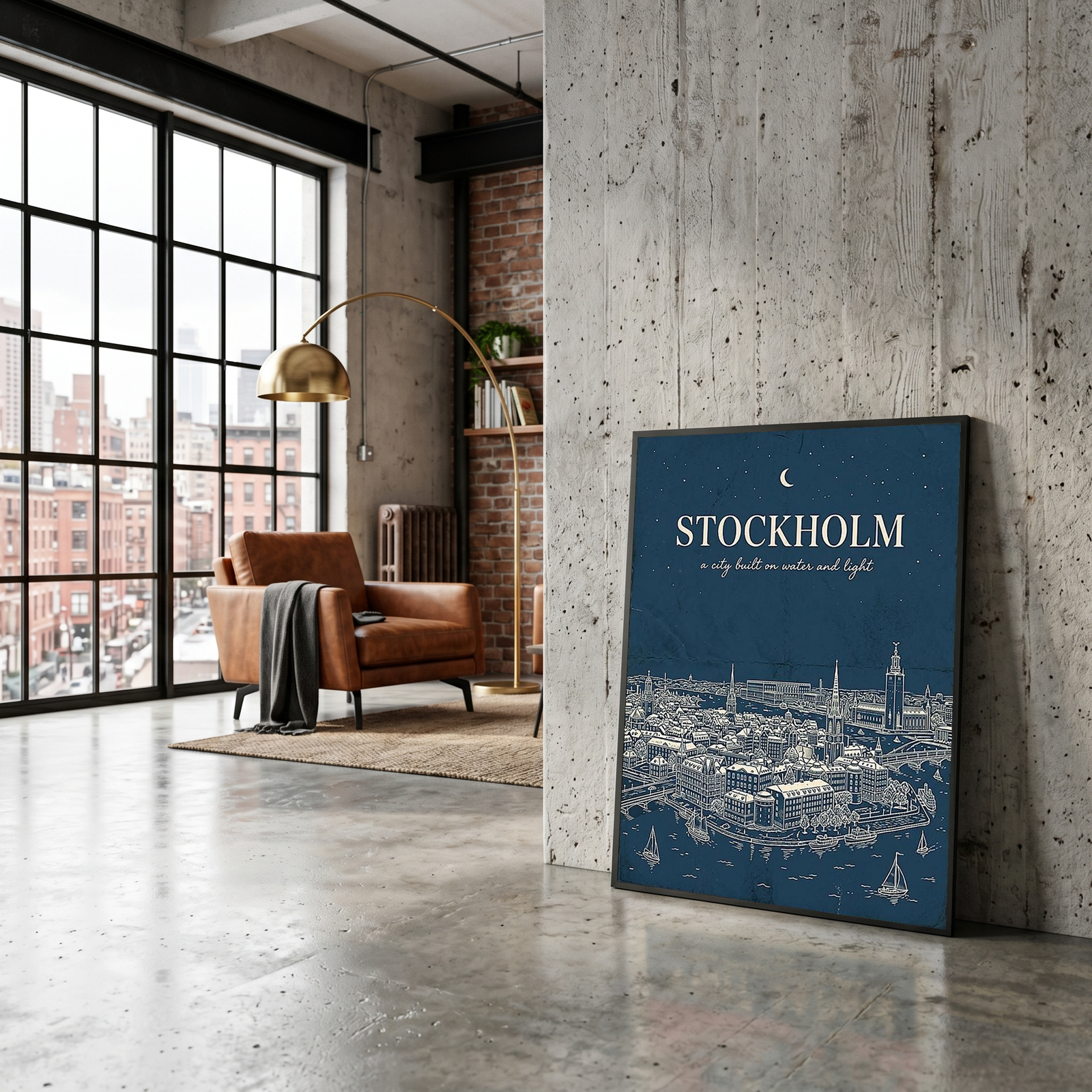 Stockholm Line Art Print — Navy Gamla Stan Old Town Skyline Wall Art