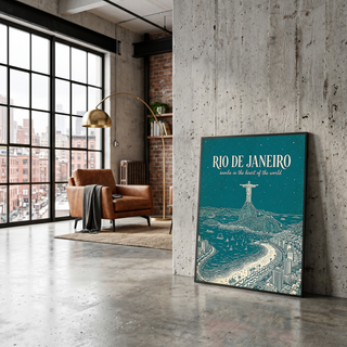 Rio de Janeiro Line Art Print — Teal Christ the Redeemer Copacabana Wall Art
